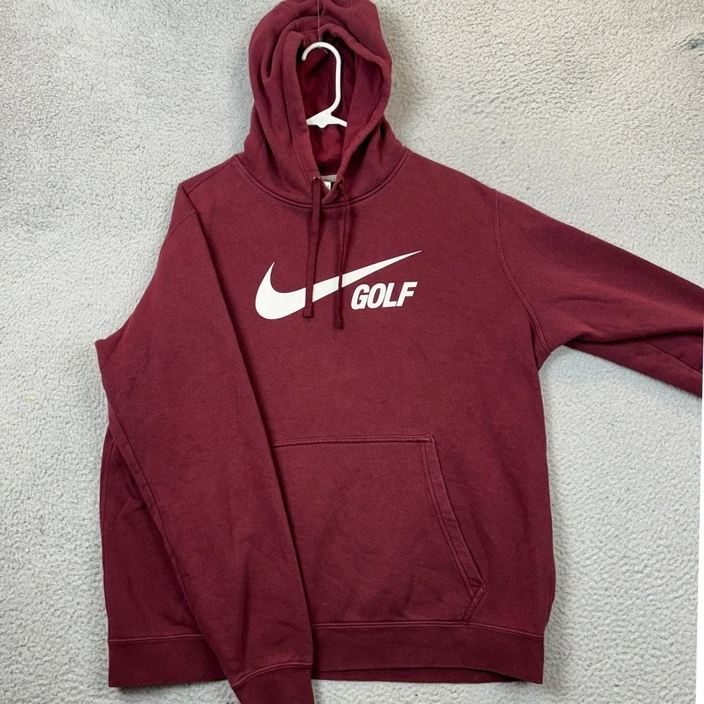 Nike Golf Hoodie Mens Large Burgundy Swoosh Graphic Print Pullover Sweatshirt